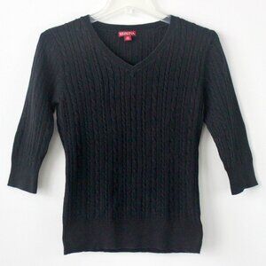 Merona Black 3/4 Sleeve V-Neck Thin Cable Preppy Cute Sweater Top Small